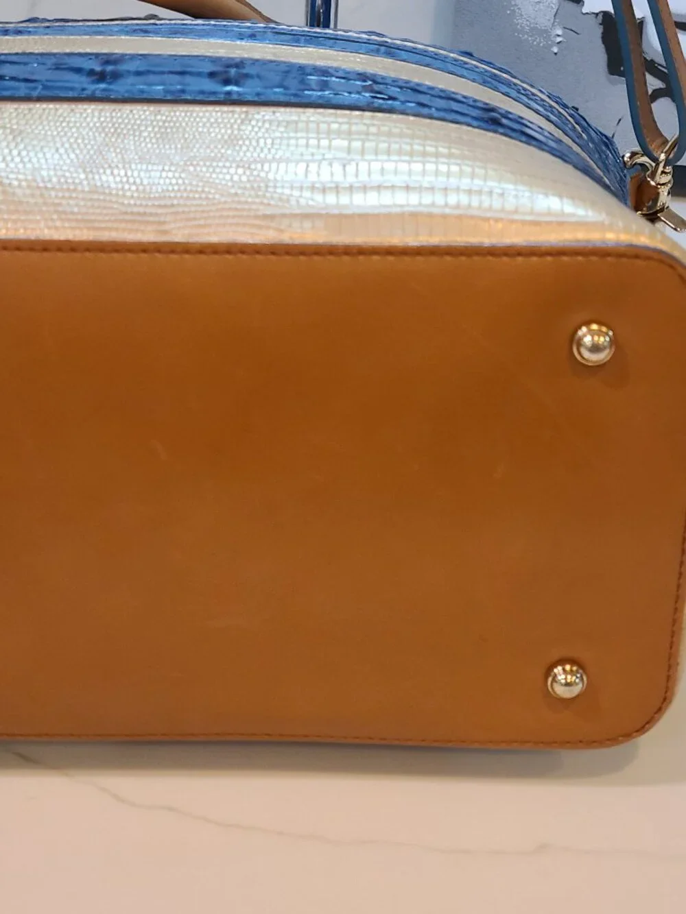 Brahmin Large Duxbury Shoulder Bag in Surf Vineyard Blue & Tan Leather EUC